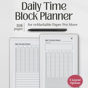 Puede incluir: Un planificador digital de bloques de tiempo para el reMarkable Paper Pro Move, que se muestra en dos tabletas. La imagen muestra el diseño del planificador, un lápiz óptico y el texto "Daily Time Block Planner". Tiene 108 páginas y 3 opciones de diseño.