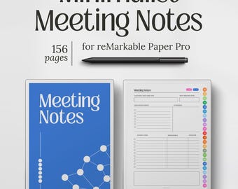 Könnte beinhalten: Eine digitale Planervorlage mit dem Titel Minimalist Meeting Notes für reMarkable Paper Pro mit 156 Seiten. Das Bild zeigt einen schwarzen Eingabestift, eine blaue Titelseite mit weißen Kreisgrafiken und eine weiße Innenseite mit Feldern.