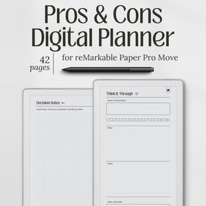 May include: A digital planner for reMarkable Paper Pro Move, featuring "Pros & Cons" text. The image shows a tablet with a stylus, displaying pages for decision-making and note-taking. The planner has 42 pages.