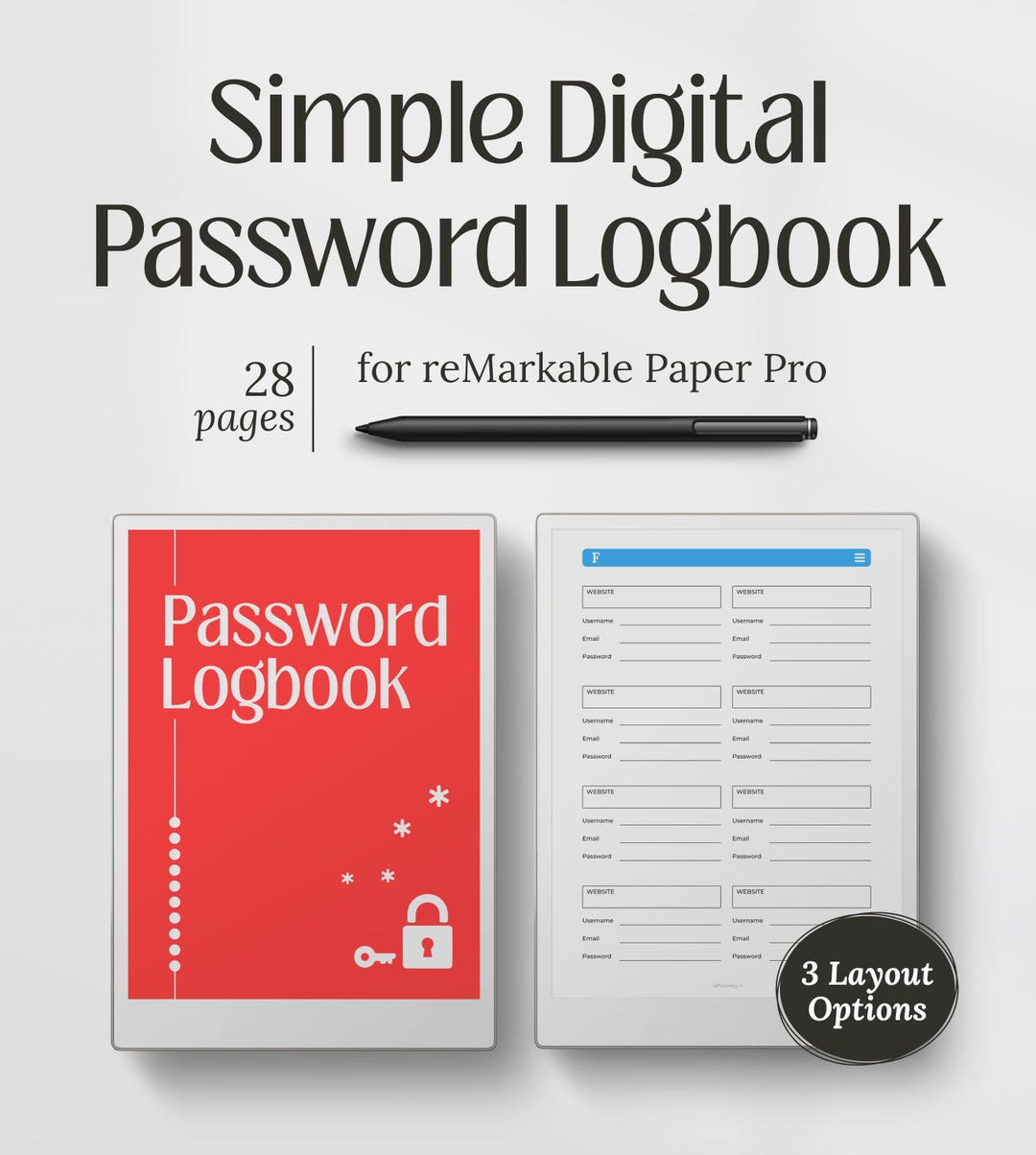 Templates for Remarkable Paper Pro, Digital Password Logbook With 3 ...