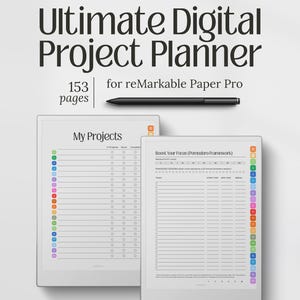 May include: A digital project planner for reMarkable Paper Pro with 153 pages, featuring a black stylus and two tablet screens displaying a My Projects list and a Pomodoro framework productivity page with colourful side navigation tabs.