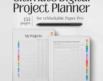 Può includere: Un pianificatore di progetti digitale per reMarkable Paper Pro da 153 pagine, con uno stilo nero e due schermi di tablet che mostrano un elenco My Projects e una pagina di produttività Pomodoro con schede di navigazione colorate.