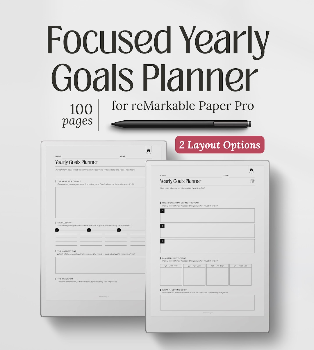 Yearly Planner for Remarkable Paper Pro, Focused Annual Goals, Goal ...