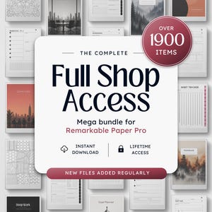 以下が含まれることがあります： Remarkable Paper Pro用のデジタル製品バンドル。中央の白い正方形には、The Complete Full Shop Access、Mega bundle for Remarkable Paper Pro、Instant Download、Lifetime Access、New Files Added Regularlyというテキストが記載されています。