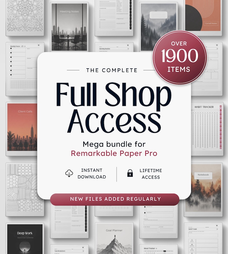May include: A digital product bundle for Remarkable Paper Pro featuring a central white square with the text The Complete Full Shop Access, Mega bundle for Remarkable Paper Pro, and a red circle badge stating Over 1900 Items.