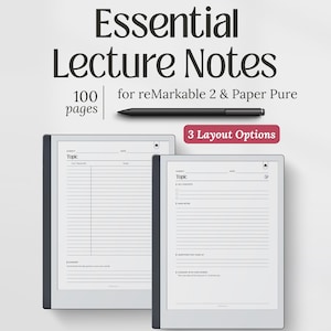 Föreläsningsanteckningsplanerare för reMarkable 2 Paper Pure, mallar för viktiga studieanteckningar, PDF-nedladdning