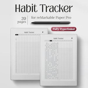 以下が含まれることがあります： reMarkable Paper Pro用のデジタル習慣トラッカー。20ページと黒いスタイラスペンが含まれています。インターフェースには、月、番号付きの日付、チェックマークが表示されたグリッドレイアウトがあります。テキストには「Habit Tracker」、「20 pages」、「for reMarkable Paper Pro」、「Fully Hyperlinked」と記載されています。