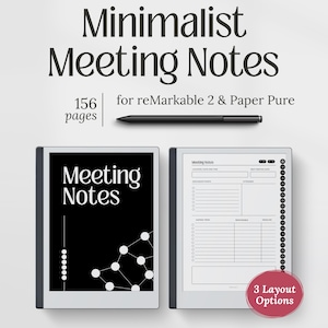 May include: Minimalist Meeting Notes for reMarkable 2 & Paper Pure. The image shows two digital notebooks with the text "Meeting Notes". One notebook has a black background with a white graphic. The other notebook has a white background with a meeting agenda.