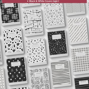 May include: A collection of rectangular notebooks featuring various black and white graphic patterns, including dots, stripes, grids, lightbulbs, cats, and money bags. Each cover displays the word NOTEBOOK with lines for writing.