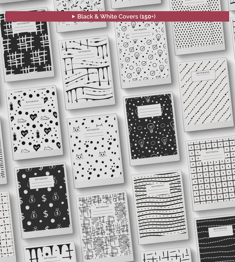 May include: A collection of rectangular notebooks featuring various black and white graphic patterns, including dots, stripes, grids, lightbulbs, cats, and money bags. Each cover displays the word NOTEBOOK with lines for writing.