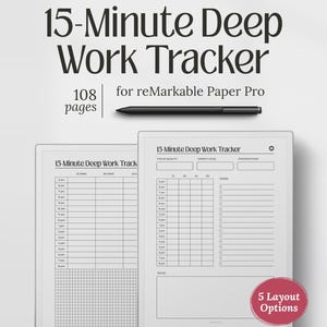 Può includere: Un planner digitale per reMarkable Paper Pro con il testo "15-Minute Deep Work Tracker". Il planner include 108 pagine e offre 5 opzioni di layout. Una penna nera è posizionata sopra il planner, su sfondo bianco.