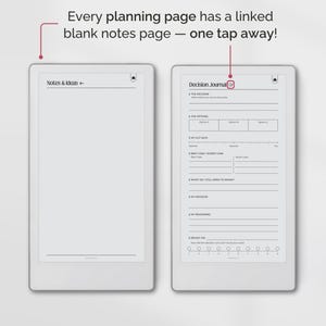 May include: Two white e-readers displaying planning pages. One shows "Notes & Ideas", the other "Decision Journal". Text above reads "Every planning page has a linked blank notes page - one tap away!" The e-readers are by ePlannery.