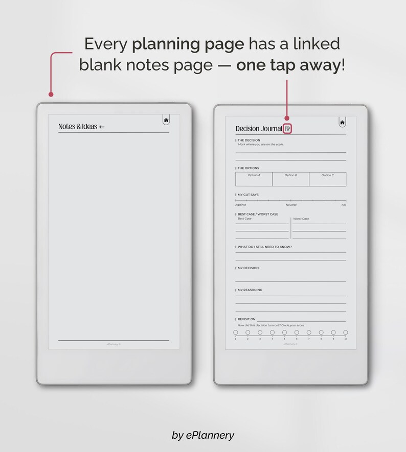 May include: Two white e-readers displaying planning pages. One shows "Notes & Ideas", the other "Decision Journal". Text above reads "Every planning page has a linked blank notes page - one tap away!" The e-readers are by ePlannery.