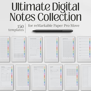以下が含まれることがあります： reMarkable Paper Pro Move用の150種類のデジタルテンプレートコレクション。黒いスタイラスペンと、グリッド、チェックリスト、トラッカー、罫線レイアウトなど、カラフルなサイドタブが付いた白いデジタルノートページが複数並んでいます。
