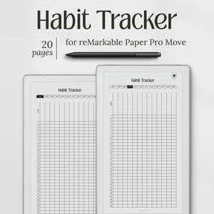 Può includere: Un habit tracker digitale per reMarkable Paper Pro Move. L'immagine mostra due tablet bianchi con un layout a griglia per il monitoraggio delle abitudini, uno stilo nero e il testo "Habit Tracker" e "20 pages".