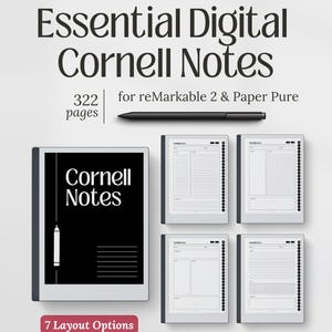 以下が含まれることがあります： reMarkable 2 & Paper Pure 用のデジタル Cornell ノート。画像には、322 ページと 7 つのレイアウトオプションを備えたデジタルノートが表示されています。ノートは、表紙に「Cornell Notes」という言葉が入った白黒のデザインです。