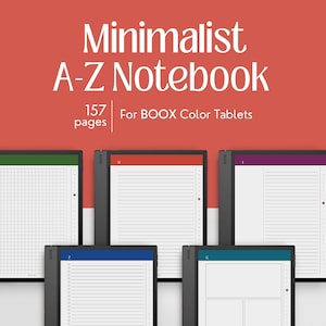 Könnte beinhalten: Ein digitales Notizbuch für BOOX-Farb-Tablets mit 157 Seiten und A-Z-Organisation. Die Anzeige zeigt mehrere Tablet-Bildschirme mit verschiedenen Seitenlayouts, darunter karierte, linierte und unterteilte Formate in Grün, Rot, Lila, Blau und Türkis.