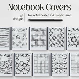 Puede incluir: Cubiertas de cuadernos con 16 diseños diferentes para reMarkable 2 & Paper Pure. Las cubiertas presentan varios patrones en blanco y negro, incluyendo espirales, líneas y formas geométricas. También se ve un lápiz óptico negro.