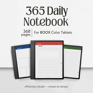 Puede incluir: Un cuaderno diario de 365 páginas para tabletas a color BOOX. La imagen muestra tres tabletas negras con páginas de planificador digital con encabezados azules, rojos y verdes, secciones rayadas y casillas de verificación. Texto: 365 Daily Notebook.