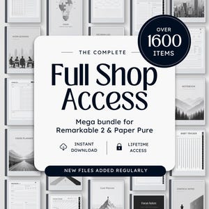 Può includere: Un pacchetto di prodotti digitali con oltre 1600 articoli per Remarkable 2 e Paper Pure. L'immagine presenta vari modelli di pianificatori digitali, tra cui sessioni di lavoro, vision planner e habit tracker. Il testo recita "Full Shop Access" e "Instant Download".