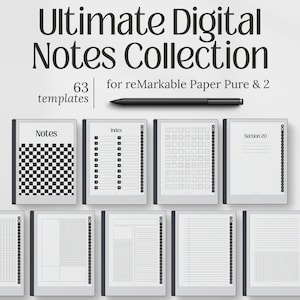 May include: A digital collection of 63 templates for reMarkable Paper Pure & 2, featuring a black stylus and multiple tablet screens displaying various layouts including notes, index, grid, and lined pages with black and white graphic designs.