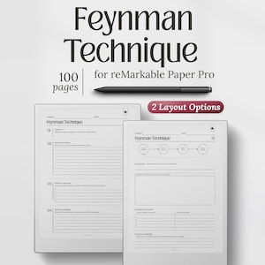May include: A digital template for the reMarkable Paper Pro titled Feynman Technique, featuring 100 pages and 2 layout options. The image displays two white tablet screens showing structured note-taking forms with lines and text, alongside a black stylus.