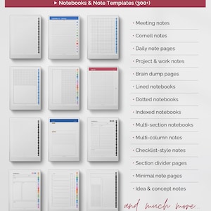 May include: A digital collection of over 300 notebooks and note templates featuring various layouts including lined, dotted, grid, and checklist styles. The display includes a list of categories such as meeting notes, Cornell notes, and project notes, presented in a grid of twelve distinct page designs.