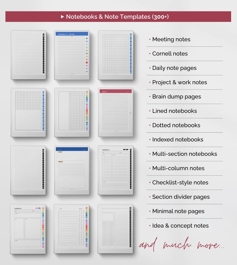 May include: A digital collection of over 300 notebooks and note templates featuring various layouts including lined, dotted, grid, and checklist styles. The display includes a list of categories such as meeting notes, Cornell notes, and project notes, presented in a grid of twelve distinct page designs.