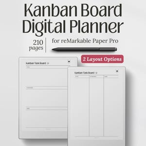 Może przedstawiać: Cyfrowy planer dla reMarkable Paper Pro z układem Kanban Board. Obraz przedstawia dwa układy planera cyfrowego, rysik oraz tekst "Kanban Board Digital Planner" i "2 Layout Options". Planer ma 210 stron.
