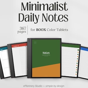 May include: Digital planner for BOOX color tablets featuring 367 pages of daily notes. The display shows a central green and orange cover with the text Notes Undated Edition, flanked by various page layouts including lined, grid, and column formats.