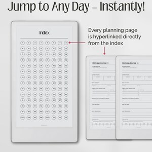 May include: A digital planner with an index of numbered circles for quick navigation. The text "Jump to Any Day - Instantly!" is displayed at the top. The planner's pages are shown with the text "Decision Journal".