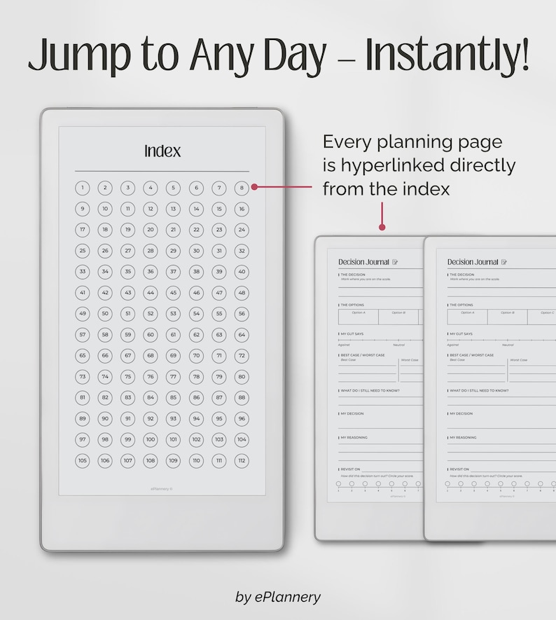 May include: A digital planner with an index of numbered circles for quick navigation. The text "Jump to Any Day - Instantly!" is displayed at the top. The planner's pages are shown with the text "Decision Journal".