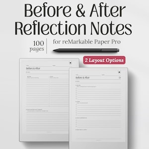 Puede incluir: Notas de reflexión digitales Antes y Después para reMarkable Paper Pro, con 100 páginas y dos opciones de diseño. La imagen muestra dos tabletas con las notas, un lápiz óptico y el texto "Before & After Reflection Notes."