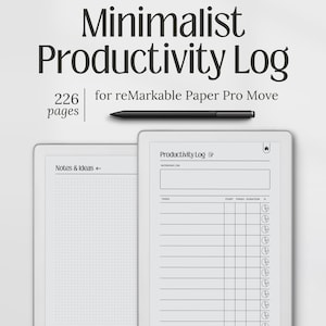 Puede incluir: Un registro de productividad minimalista para reMarkable Paper Pro Move. La imagen muestra una tableta digital con un diseño detallado para la gestión de tareas, incluyendo secciones para notas, ideas y una lista de tareas. El texto dice "Minimalist Productivity Log" y "226 pages".