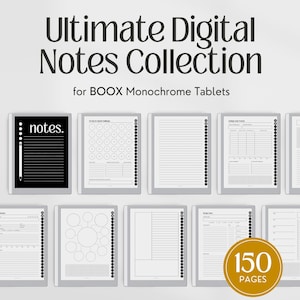 Op de afbeelding: Een digitale notitiecollectie voor monochrome BOOX-tablets met diverse paginasjablonen, waaronder gelinieerde notities, gewoonte-trackers en mindmaps. De tekst luidt Ultimate Digital Notes Collection for BOOX Monochrome Tablets en 150 PAGES.