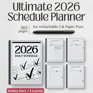 May include: A digital planner for 2026, designed for reMarkable 2 and Paper Pure devices. The image shows the planner's cover with the text "2026 DAILY SCHEDULE" and checkmarks. The planner includes 365 pages and 4 layouts.