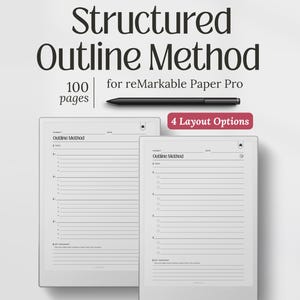 May include: A digital planner for reMarkable Paper Pro with the text "Structured Outline Method." The planner includes 100 pages and offers 4 layout options. A black stylus pen is also visible. The planner is designed for digital note-taking and organization.