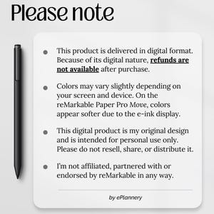May include: A black stylus pen next to a white card with the text "Please note". The card contains bullet points with text about digital product delivery, refunds, color variations, and usage restrictions.