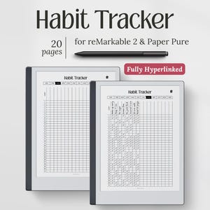 以下が含まれることがあります： reMarkable 2 および Paper Pure デバイス用の 2 つのデジタル習慣トラッカー。トラッカーはタブレットに表示され、上部に黒いスタイラスペンがあります。「Habit Tracker」のテキストが上部にあり、「20 ページ」と「Fully Hyperlinked」も表示されます。