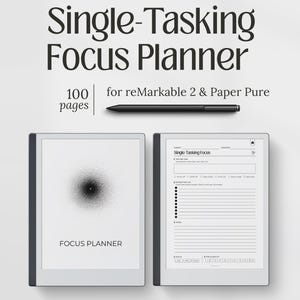 May include: A digital planner for reMarkable 2 and Paper Pure tablets. The image shows two tablets, one displaying a cover with the text "Focus Planner" and a black and white design, and the other with a detailed task list. A black stylus is also present.