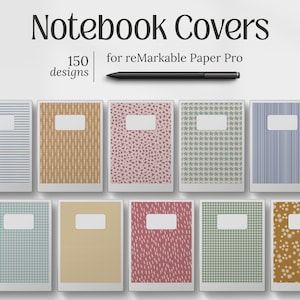 Könnte beinhalten: Notizbuchhüllen mit verschiedenen Mustern, darunter Streifen, Punkte und florale Designs. Die Hüllen sind für reMarkable Paper Pro und haben ein weißes Etikett. Ein schwarzer Stift und der Text "150 designs" sind ebenfalls zu sehen.