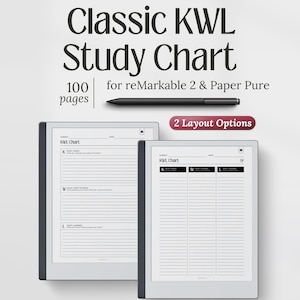 Könnte beinhalten: Ein digitales Classic KWL-Lernchart für reMarkable 2 und Paper Pure mit 100 Seiten und 2 Layout-Optionen. Das Bild zeigt zwei Tablet-Bildschirme mit KWL-Chart-Vorlagen, die Spalten für das, was ich weiß, was ich wissen will und was ich gelernt habe, enthalten.