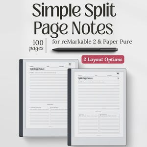 Op de afbeelding: Twee digitale tablets met "Simple Split Page Notes" met 100 pagina's, voor reMarkable 2 en Paper Pure. De tablets tonen een split-pagina-indeling met secties voor notities, vragen en belangrijke conclusies. Een zwarte styluspen ligt erboven.