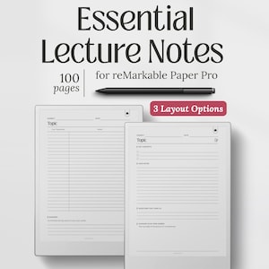 Könnte beinhalten: Digitale Vorlesungsnotizen für reMarkable Paper Pro. Das Bild zeigt zwei digitale Tablets mit verschiedenen Layoutoptionen. Der Text lautet "Essential Lecture Notes" und "100 Seiten". Ein schwarzer Stift ist ebenfalls abgebildet.