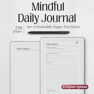 May include: A digital daily journal for reMarkable Paper Pro Move with 226 pages and 3 layout options. The interface displays sections for morning intentions, three things on the mind, free writing, and an evening check-in with star ratings.