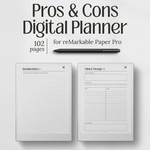 Op de afbeelding: Een digitale planner voor reMarkable Paper Pro met 102 pagina's. De afbeelding toont twee digitale plannerpagina's, één met een gestippeld raster en de andere met een voor- en nadelen lay-out. Een zwarte styluspen is ook inbegrepen.