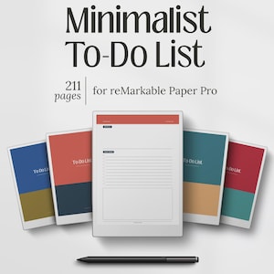 May include: A digital planner titled Minimalist To-Do List with 211 pages for reMarkable Paper Pro. The image displays a central tablet screen showing a task list template with red and blue headers, flanked by four colourful covers and a black stylus.