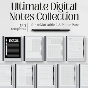 May include: A digital notes collection for reMarkable 2 and Paper Pure featuring 150 templates. The image displays a black stylus and multiple tablet screens showing various layouts including lined, grid, and checklist pages in black and white.