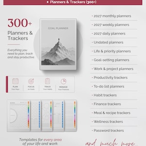 May include: A digital planner collection featuring over 300 templates including 2027 monthly, weekly, and daily planners, goal-setting, habit, finance, meal, wellness, and password trackers, displayed with a mountain-themed cover.