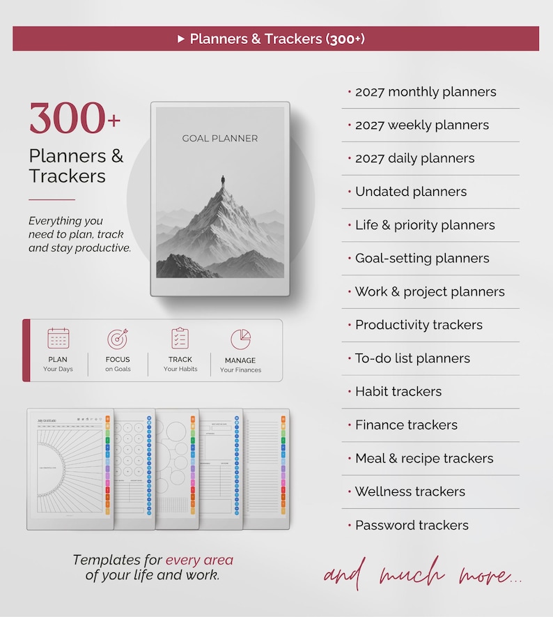 May include: A digital planner collection featuring over 300 templates including 2027 monthly, weekly, and daily planners, goal-setting, habit, finance, meal, wellness, and password trackers, displayed with a mountain-themed cover.